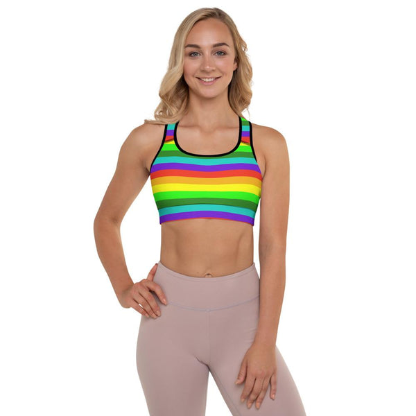 Rainbow Horizontal Stripe Print Women's Padded Gym Fitness Sports Bra-Made in USA/EU-Sports Bras-Black-XS-Heidi Kimura Art LLC