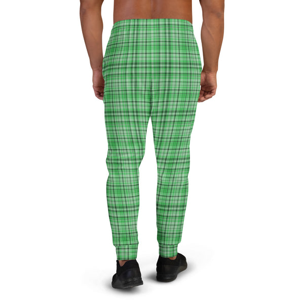 Green Plaid Tartan Print Premium Quality Men's Joggers Sweatpants- Made in EU-Men's Joggers-Heidi Kimura Art LLC