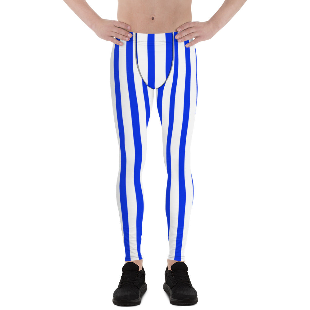 Blue Stripes Men's Running Leggings & Run Tights Meggings Activewear- Made in USA/EU-Men's Leggings-XS-Heidi Kimura Art LLC Blue Striped Meggings, Blue Stripes Men's Running Leggings & Run Tights Meggings Activewear, Compression Pants, Circus Festival Leggings, Costume Leggings- Made in USA/ Europe (US Size: XS-3XL)