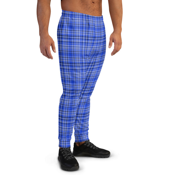 Blue Plaid Tartan Print Men's Joggers Premium Quality Casual Comfy Sweatpants - Made in EU-Men's Joggers-Heidi Kimura Art LLC