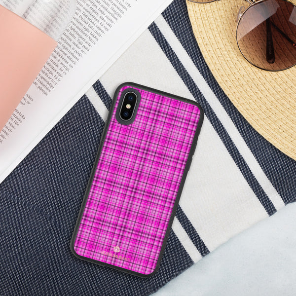 Pink Plaid iPhone Case, Tartan Print Biodegradable Phone Case-Heidi Kimura Art LLC-iPhone X/XS-Heidi Kimura Art LLC