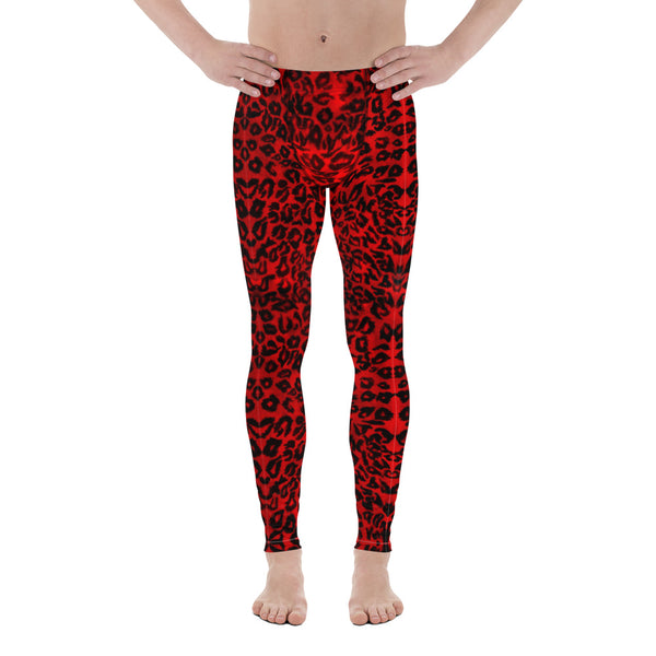 Red Leopard Print Men's Leggings, Animal Print Compression Tights For Men-Heidikimurart Limited -Heidi Kimura Art LLC Red Leopard Print Men's Leggings, Bright Colorful Animal Print Modern Meggings, Men's Leggings Tights Pants - Made in USA/EU/MX (US Size: XS-3XL) Sexy Meggings Men's Workout Gym Tights Leggings