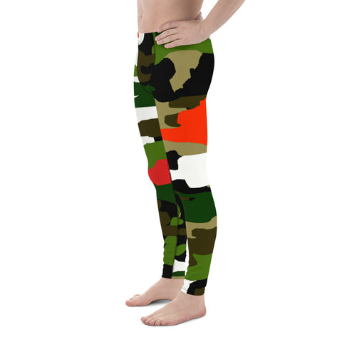 Green Orange Red Camouflage Military Amy Print 38-40 UPF Fashion Men's Leggings-Men's Leggings-Heidi Kimura Art LLC
