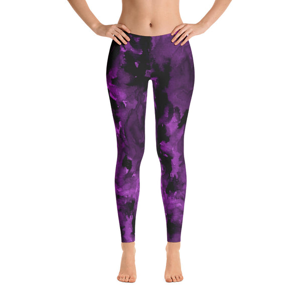 Purple Rose Floral Print Women's Long Casual Leggings/ Running Tights - Made in USA (US Size: XS-XL)-Casual Leggings-Heidi Kimura Art LLC Purple Rose Women's Casual Leggings, Purple Rose Floral Print Women's Long Casual Leggings/ Running Tights - Made in USA/EU/MX (US Size: XS-XL)