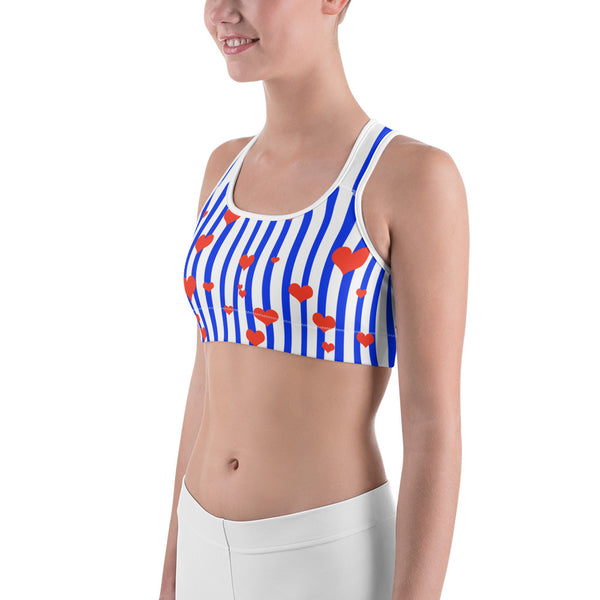 Patriotic Blue Striped With Red Hearts Women's Unpadded Sports Bra - Made in USA-Sports Bras-Heidi Kimura Art LLC