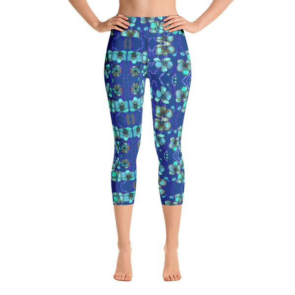 Blue Orchids Yoga Capri Leggings, Floral Print Women's Capris Tights-Made in USA/EU-Heidi Kimura Art LLC-Heidi Kimura Art LLC