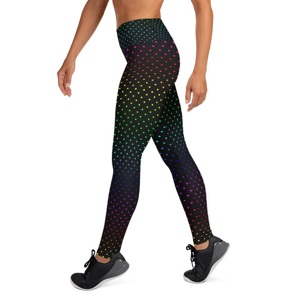 Black Rainbow Polka Dots Print Women's Yoga Leggings Long Pants- Made in USA/EU-Leggings-Heidi Kimura Art LLC