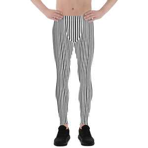 Black White Striped Men's Leggings, Vertically Stripe Print Tights For Men- Made in USA/EU-Men's Leggings-XS-Heidi Kimura Art LLC
