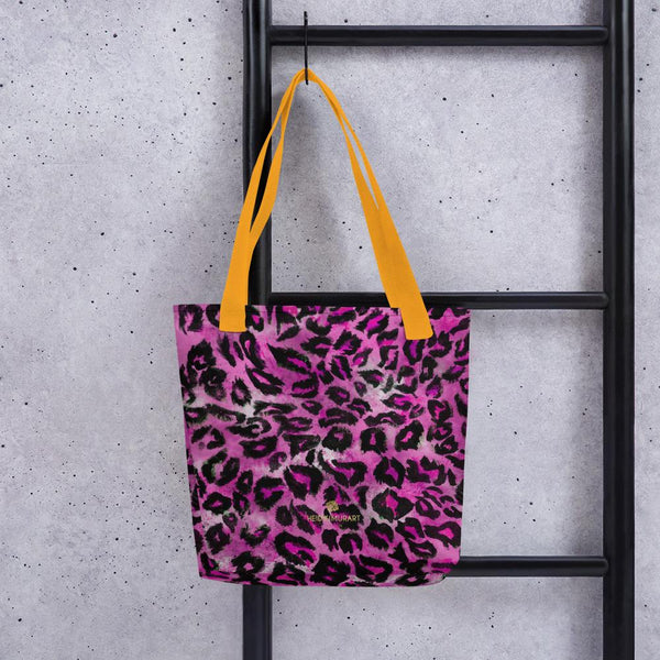 Pink Leopard Animal Print Designer 15" x 15" Square Market Tote Bag - Made in USA/EU-Tote Bag-Yellow-Heidi Kimura Art LLC