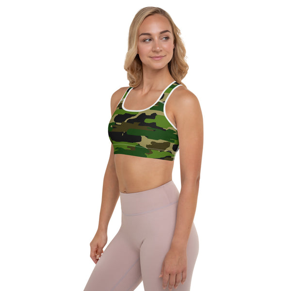 Green Brown Camo Military Army Print Women's Padded Sports Bra- Made in USA/EU-Sports Bras-Heidi Kimura Art LLC