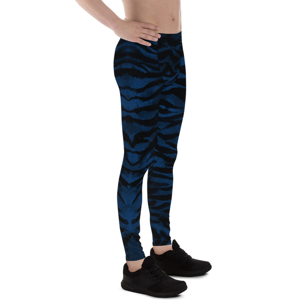 Navy Blue Tiger Men's Leggings, Striped Animal Print Men Tights-Made in USA/EU-Heidi Kimura Art LLC-Heidi Kimura Art LLC