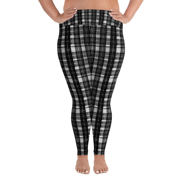 Black Plaid Tartan Scottish Print Women's High Waist Elastic Plus Size Yoga Pants-Women's Plus Size Leggings-2XL-Heidi Kimura Art LLC
