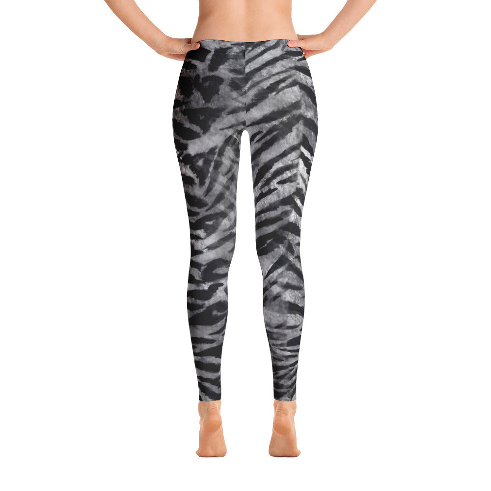 Black Grey Tiger Striped Women's Long Casual Leggings/ Running Tights - Made in USA-Casual Leggings-XS-Heidi Kimura Art LLC