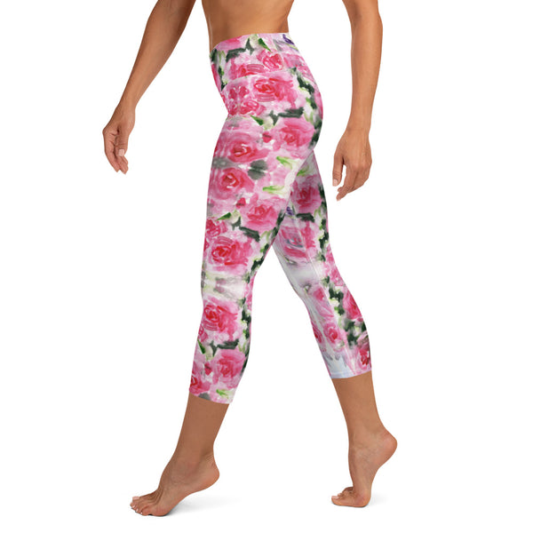 Pink Rose Yoga Capri Leggings-Heidikimurart Limited -Heidi Kimura Art LLC Pink Rose Yoga Capri Leggings, Floral Print Best Floral Flower Print Comfy Capri Leggings Yoga Fitness Tight Gym Pants - Made in USA/EU/MX (US Size: XS-XL)