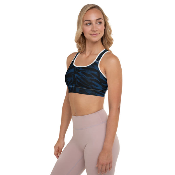 Blue Tiger Padded Sports Bra, Animal Stripes Print Designer Premium Quality Women's Padded Yoga Gym Workout Sports Bra For Female Athletes or Dancers/ Yoga/ Pilates Lovers - Made in USA/ EU/ MX (US Size: XS-2XL)