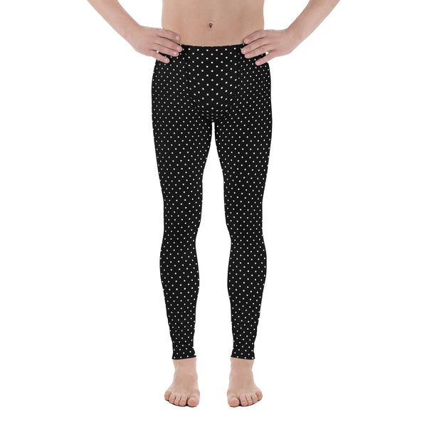 Black White Dots Meggings, White Black Polka Dots Print Sexy Meggings Men's Workout Gym Meggings Long Tights Leggings-Made in USA/EU (US Size: XS-3XL)