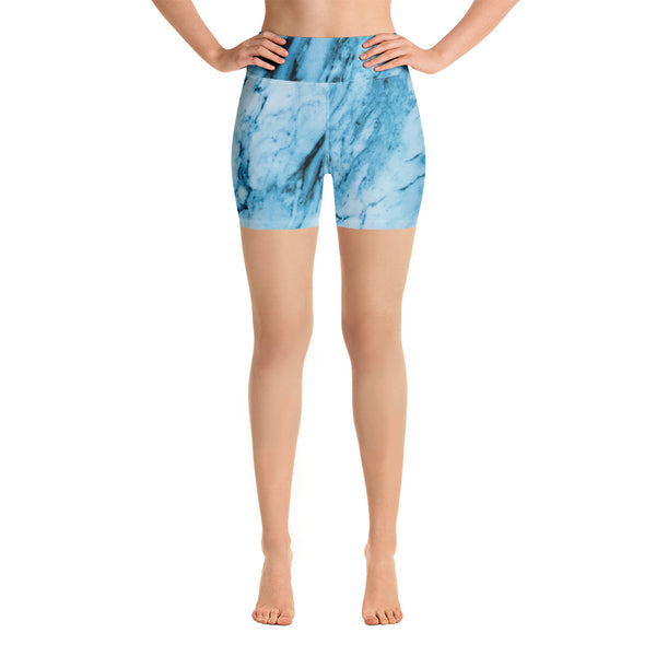 Blue Marble Yoga Shorts, Abstract Print Women's Shorts-Made in USA/EU-Heidi Kimura Art LLC-Heidi Kimura Art LLC