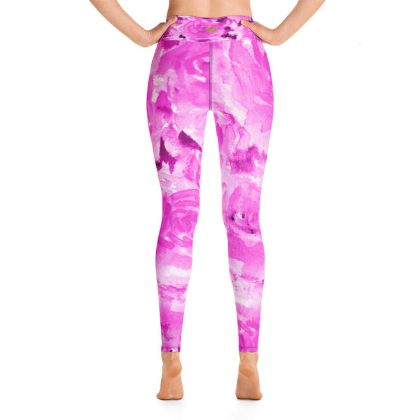 Pink Abstract Rose Floral Print Ocean Yoga Leggings/ Long Yoga Pants - Made in USA-Leggings-Heidi Kimura Art LLC Hot Pink Floral Women's Leggings, Pink Abstract Rose Floral Print Yoga Leggings/ Long Yoga Pants - Made in USA/EU (US Size: XS-XL)