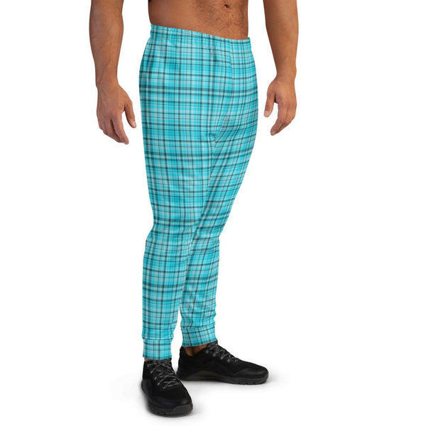 Light Blue Tartan Print Men's Joggers Premium Plaid Print Casual Sweatpants - Made in EU-Men's Joggers-Heidi Kimura Art LLC