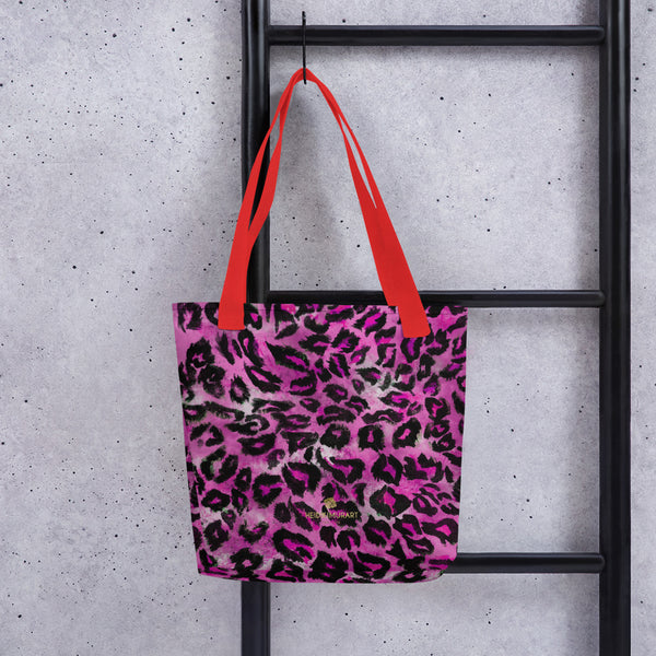Pink Leopard Animal Print Designer 15" x 15" Square Market Tote Bag - Made in USA/EU-Tote Bag-Red-Heidi Kimura Art LLC