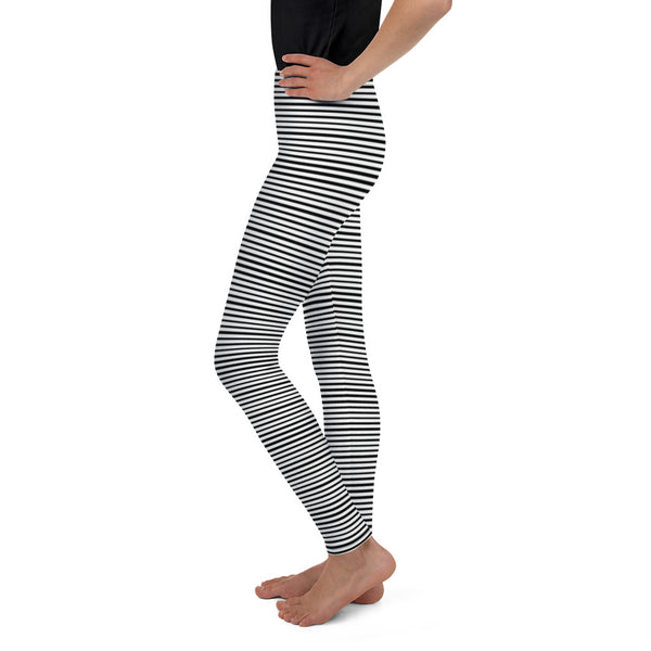 Black White Horizontal Stripe Print Premium Youth Leggings Tights- Made in USA/ EU-Youth's Leggings-Heidi Kimura Art LLC