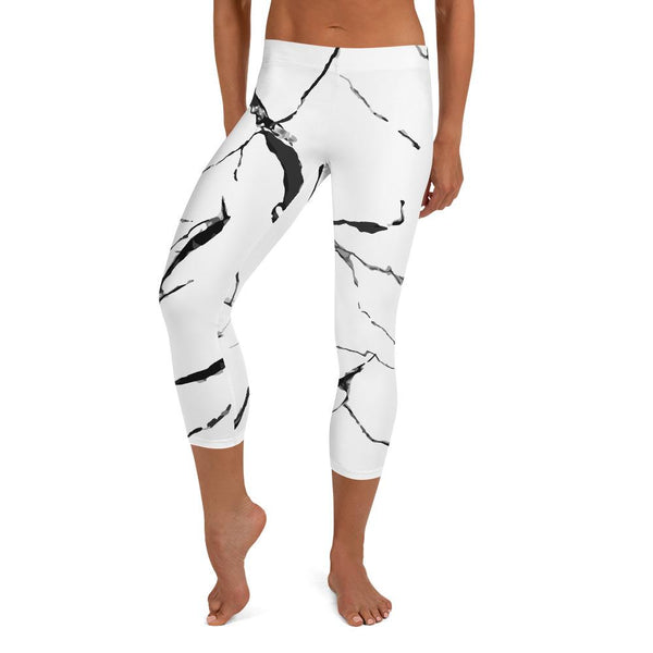 White Gray Marble Print Womens Capri Leggings Best Casual Tights- Made in USA/ EU-capri leggings-XS-Heidi Kimura Art LLC