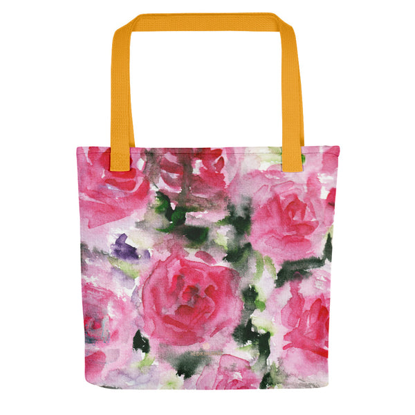 Spring Girlie Pink Rose Floral Flower Designer 15"x15" Market Tote Bag - Made in USA/EU-Tote Bag-Yellow-Heidi Kimura Art LLC