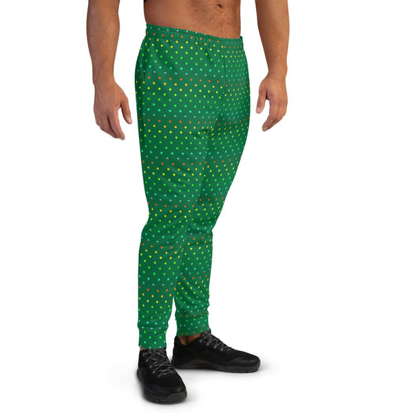 Green Polka Dots Rainbow Print Designer Men's Joggers-Made in EU (US Size: XS-3XL)-Men's Joggers-Heidi Kimura Art LLC