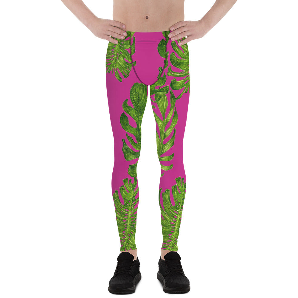 Hot Pink Green Tropical Leaf Print Men's Leggings Pants-Made in USA/EU (US Size: XS-3XL)-Men's Leggings-XS-Heidi Kimura Art LLC