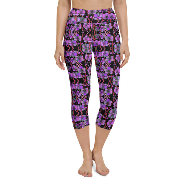 Purple Orchid Yoga Capri Leggings, Women's Floral Print Capris Tights-Made in USA/EU-Heidi Kimura Art LLC-XS-Heidi Kimura Art LLC