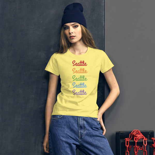 Seattle Rainbow Print Gay Pride 100% Cotton Women's Short Sleeve T-shirt (US Size: S-XL)-T-Shirt-Spring Yellow-S-Heidi Kimura Art LLC