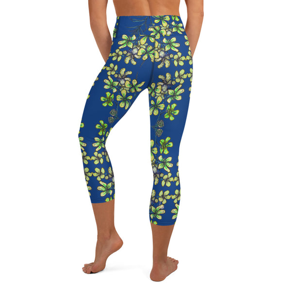 Blue Orchids Yoga Capri Leggings, Floral Print Women's Yoga Capris Tights-Heidi Kimura Art LLC-Heidi Kimura Art LLC