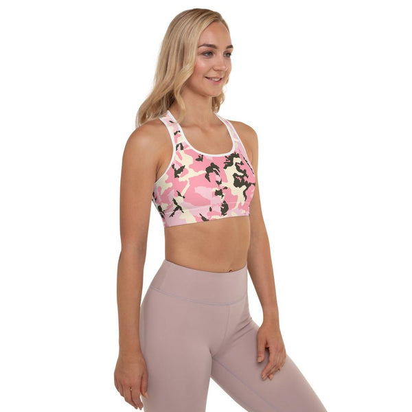 Pink Cute Camo Army Military Print Women's Padded Fitness Sports Bra- Made in USA/EU-Sports Bras-Heidi Kimura Art LLC Pink Camo Women's Sports Bra, Pink Cute Camo Military Army Print Women's Padded Sports Bra-Made in USA/ EU (US Size: XS-2XL) Military Camouflage Sports Bra, Pink Military Army Print Camo Print Women's Gym Yoga Bra