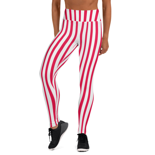 Red White Striped Yoga Leggings, Circus Vertically Stripes Women's Long Pants-Heidikimurart Limited -Heidi Kimura Art LLCRed White Striped Yoga Leggings, Circus Vertically Stripes Patterned Colorful Ladies' Abstract Print Gym Active Fitted Leggings Sports Yoga Pants - Made in USA/EU/MX (US Size: XS-XL)