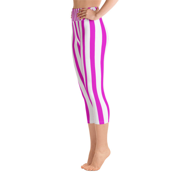Pink Striped Women's Yoga Capri Pants Workout Leggings With Pockets - Made in USA/EU-Capri Yoga Pants-Heidi Kimura Art LLC