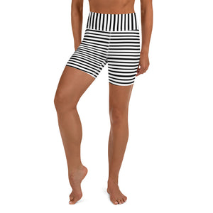 Classic Black White Modern Striped Print Women's Yoga Workout Shorts- Made in USA/ EU-Yoga Shorts-XS-Heidi Kimura Art LLC