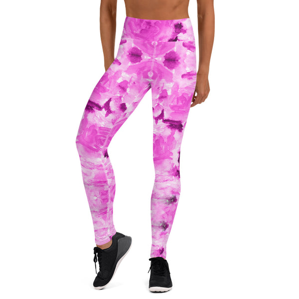 Hot Pink Floral Yoga Leggings, Abstract Print Women's Tights-Made in USA/EU-Heidi Kimura Art LLC-Heidi Kimura Art LLC