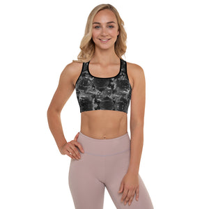 Black Floral Padded Sports Bra, Abstract Flower Rose Print Designer Premium Quality Women's Padded Yoga Gym Workout Sports Bra For Female Athletes or Dancers/ Yoga/ Pilates Lovers - Made in USA/ EU/ MX (US Size: XS-2XL)
