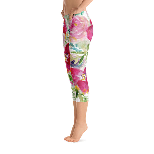 Red Rose Floral Designer Capri Leggings Active Wear Outfit - Made in USA-capri leggings-Heidi Kimura Art LLC
