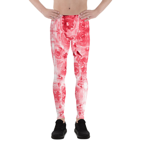 Red Floral Print Men's Leggings, Abstract Rose Meggings Compression Tights-Heidi Kimura Art LLC-Heidi Kimura Art LLC