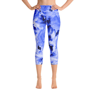 Ocean Blue Rose Floral Print Capri Leggings Yoga Pants - Made in USA (XS-XL)-Capri Yoga Pants-XS-Heidi Kimura Art LLC