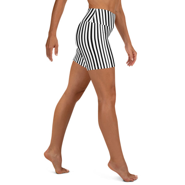 Modern Black White Stripes Print Women's Elastic Fitness Yoga Shorts- Made in USA/EU-Yoga Shorts-Heidi Kimura Art LLC