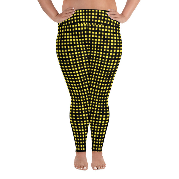 Yellow Buffalo Print Plus Size Leggings Black Women's Plaid Print Yoga Pants- Made in USA/EU-Women's Plus Size Leggings-Heidi Kimura Art LLC