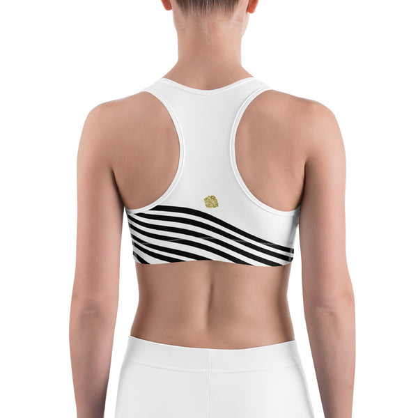 Classic White Black Diagonal Striped Print Women's Sports Bra-Made in USA-Sports Bras-Heidi Kimura Art LLC