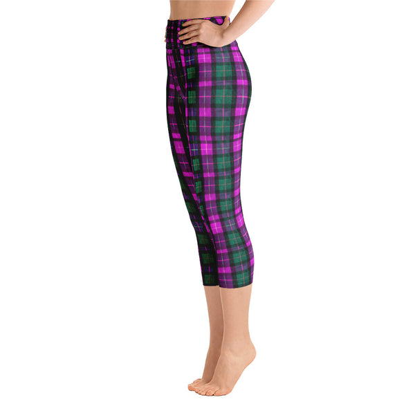 Pink Green Plaid Women's Yoga Capri Pants Leggings w/ Pockets- Made In USA-Capri Yoga Pants-Heidi Kimura Art LLC Pink Plaid Women's Capri Leggings, Pink Green Plaid Women's Cotton Yoga Capri Pants Leggings With Pockets Plus Size Available- Made In USA/ Europe (US Size: XS-XL)