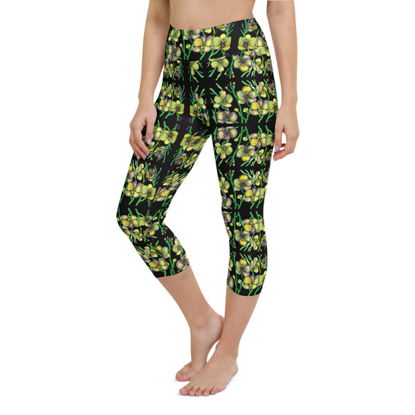 Floral Orchids Yoga Capri Leggings, Black Yellow Floral Print Women's Yoga Capri Leggings Pants High Performance Tights- Made in USA/EU (US Size: XS-XL)