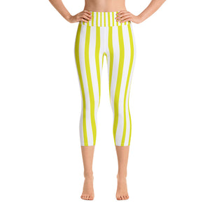 Yellow & White Vertical Striped Women's Yoga Capri Pants Leggings - Made In USA/ EU-Capri Yoga Pants-XS-Heidi Kimura Art LLC
