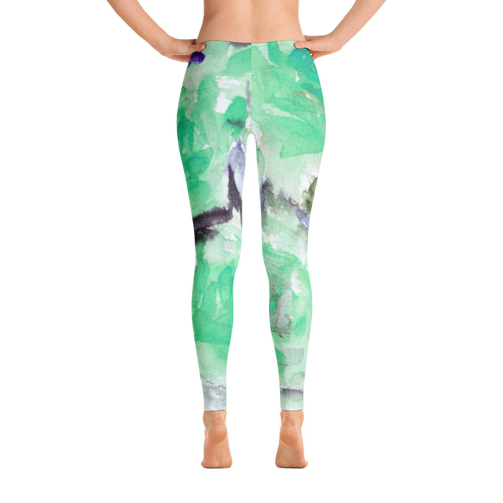 Blue Green Rose Floral Women's Long Casual Leggings/ Running Tights - Made in USA-Casual Leggings-XS-Heidi Kimura Art LLC