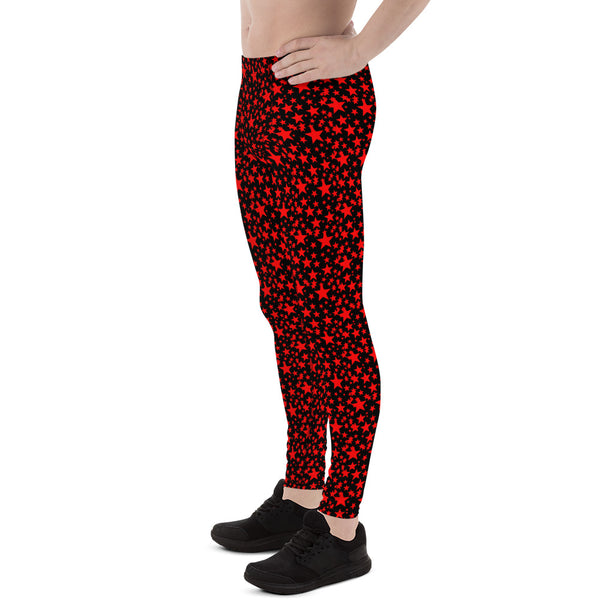 Red Star Print Meggings, Black Red Hot Premium Quality Men's Leggings- Made in USA/EU-Men's Leggings-Heidi Kimura Art LLC