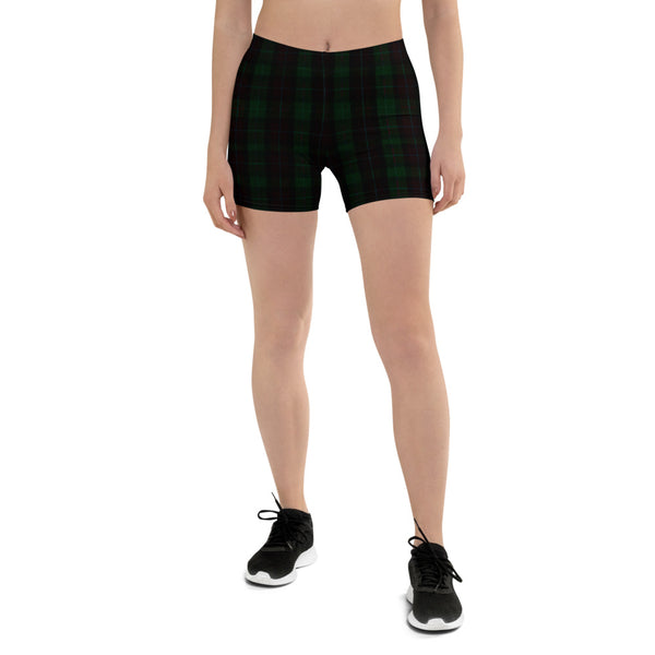 Dark Green Plaid Print Shorts- Made in USA/EU-Heidi Kimura Art LLC-Heidi Kimura Art LLC Dark Green Plaid Print Shorts, Classic Best Scottish Tartan Print Women's Elastic Stretchy Shorts Short Tights -Made in USA/EU (US Size: XS-3XL) Plus Size Available, Tight Pants, Pants and Tights, Womens Shorts, Short Yoga Pants